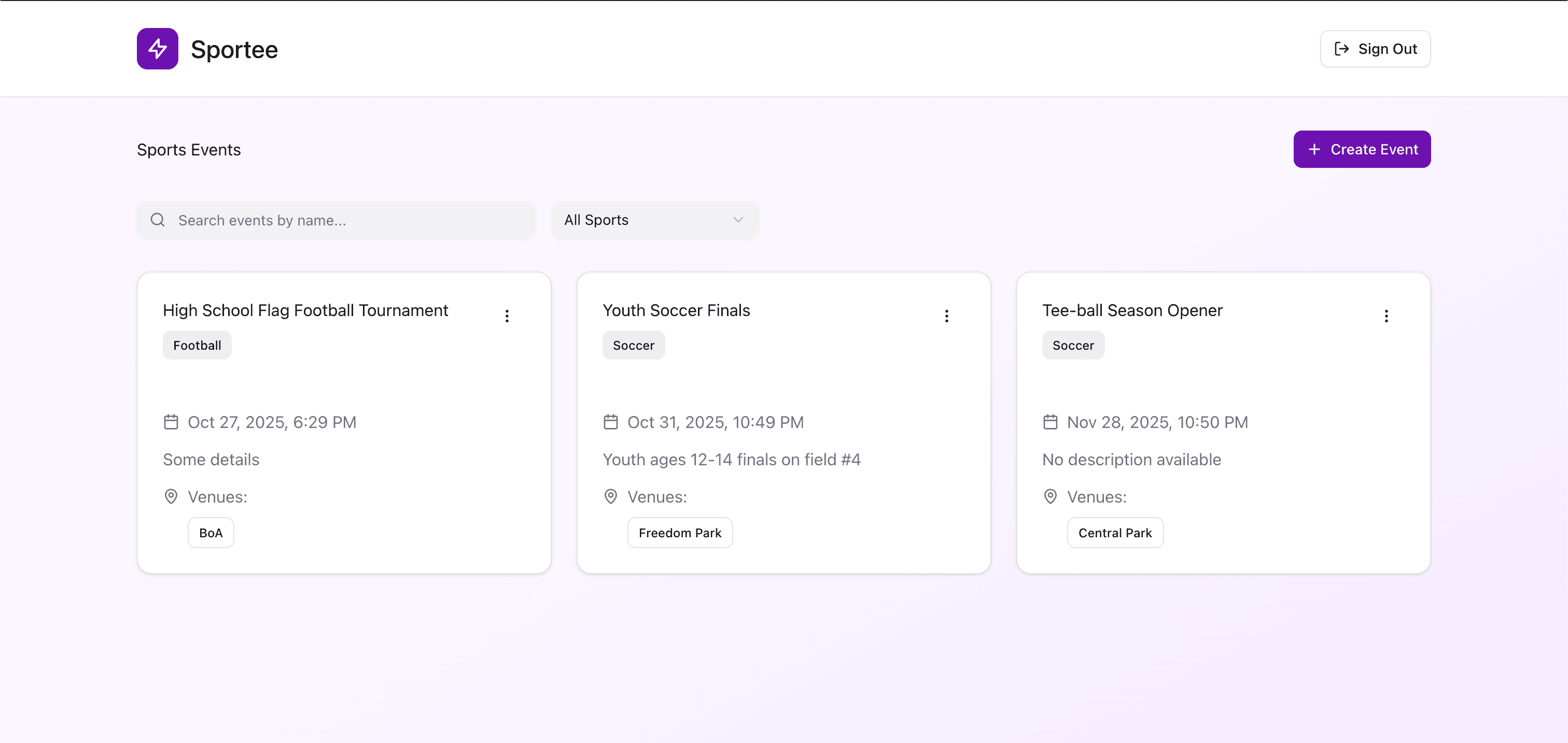 Sports Event Management System project screenshot
